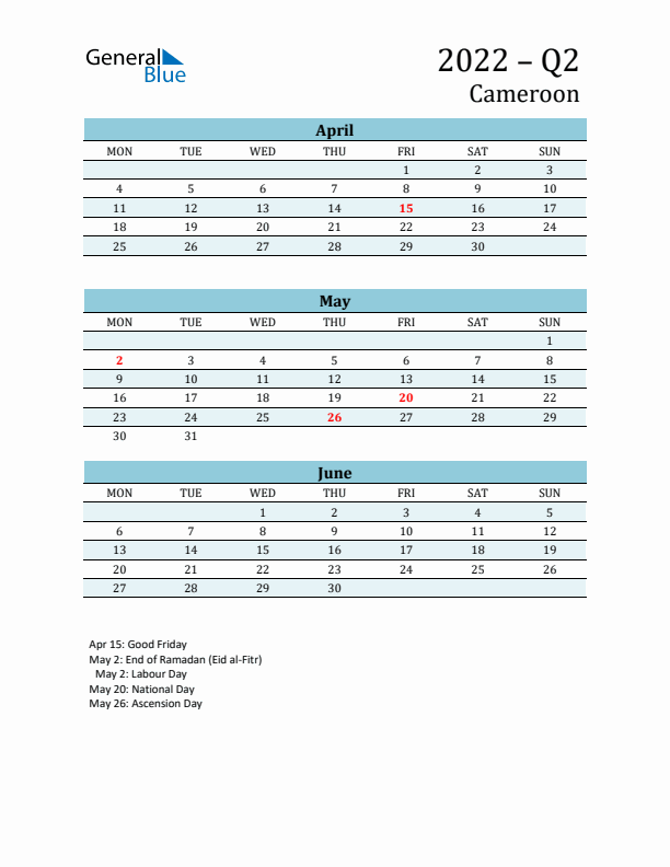 Three-Month Planner for Q2 2022 with Holidays - Cameroon