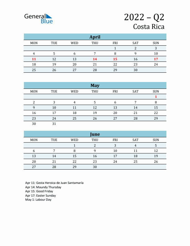 Three-Month Planner for Q2 2022 with Holidays - Costa Rica