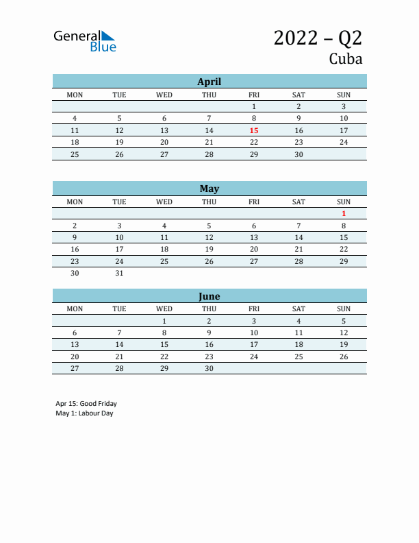 Three-Month Planner for Q2 2022 with Holidays - Cuba