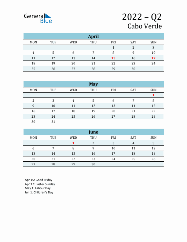 Three-Month Planner for Q2 2022 with Holidays - Cabo Verde