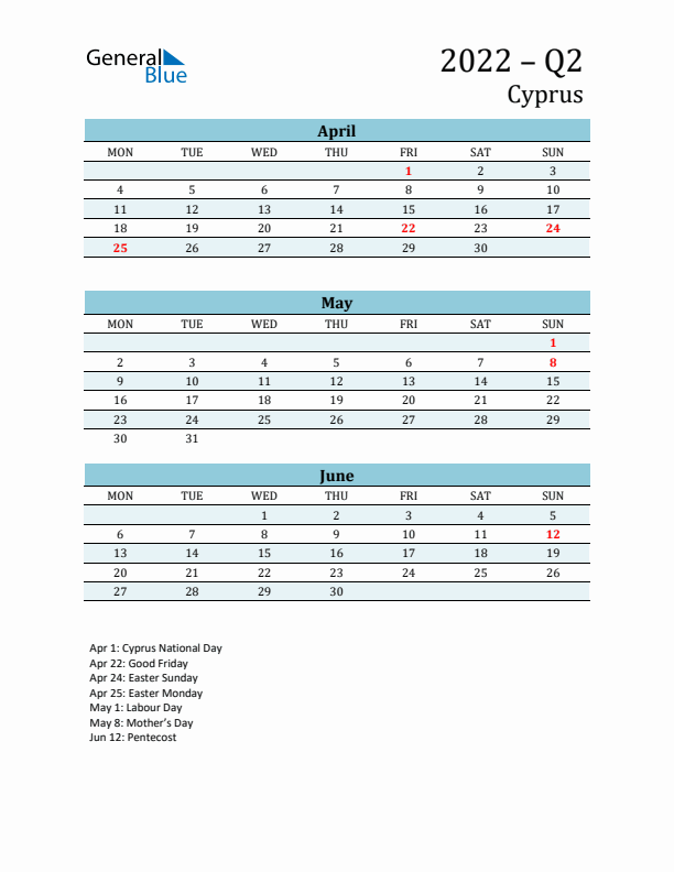 Three-Month Planner for Q2 2022 with Holidays - Cyprus