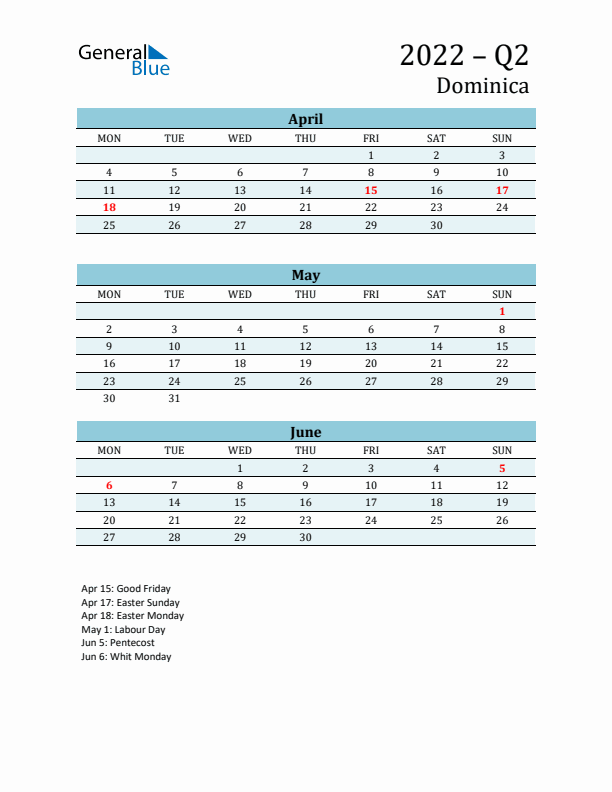 Three-Month Planner for Q2 2022 with Holidays - Dominica