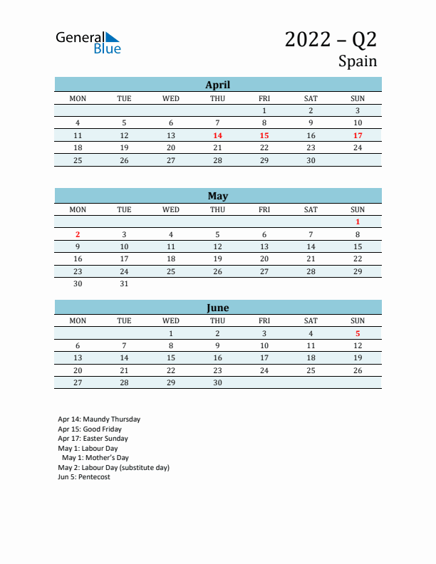 Three-Month Planner for Q2 2022 with Holidays - Spain