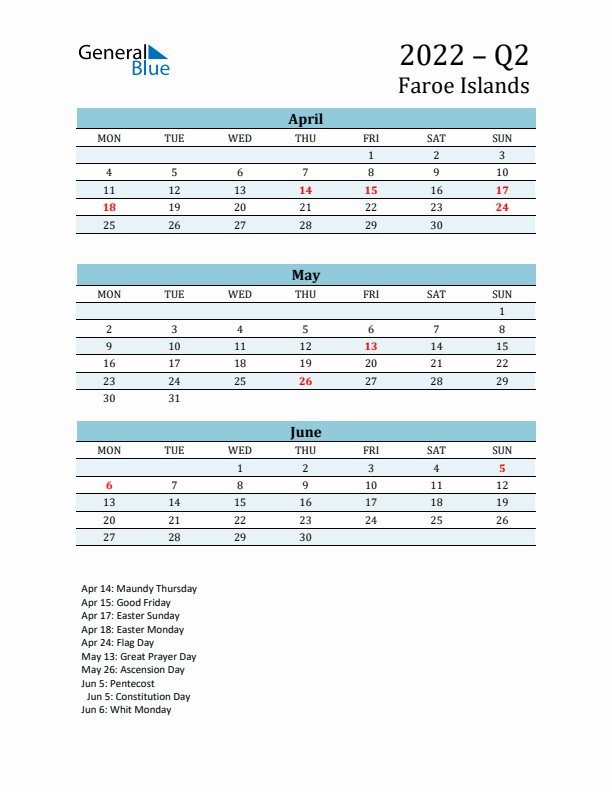 Three-Month Planner for Q2 2022 with Holidays - Faroe Islands