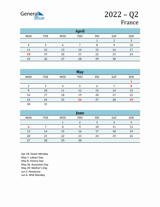 Three-Month Planner for Q2 2022 with Holidays - France