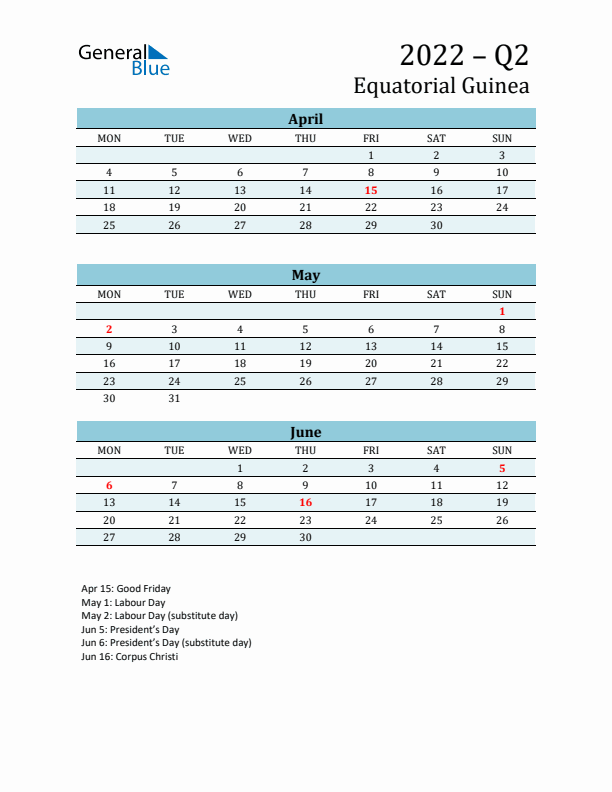 Three-Month Planner for Q2 2022 with Holidays - Equatorial Guinea