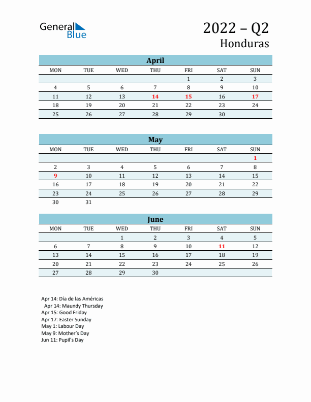 Three-Month Planner for Q2 2022 with Holidays - Honduras