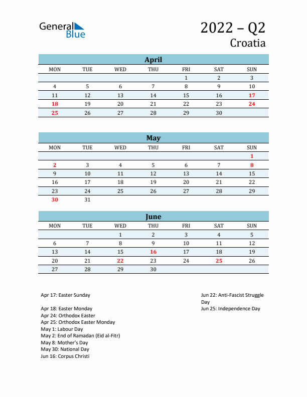 Three-Month Planner for Q2 2022 with Holidays - Croatia