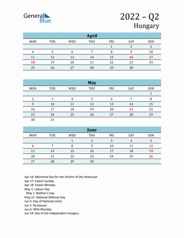 Three-Month Planner for Q2 2022 with Holidays - Hungary