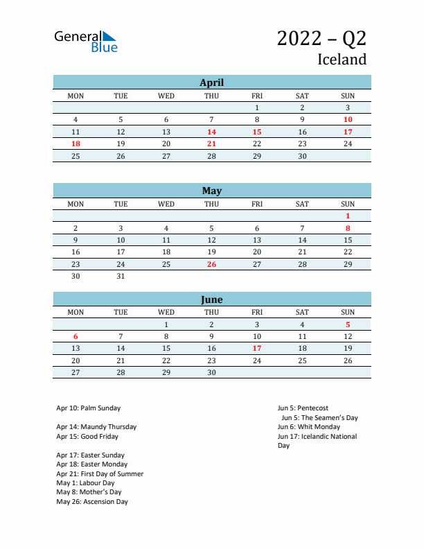 Three-Month Planner for Q2 2022 with Holidays - Iceland