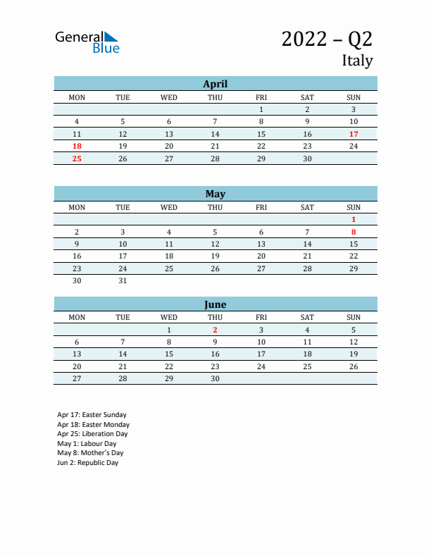 Three-Month Planner for Q2 2022 with Holidays - Italy