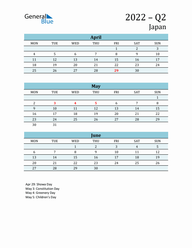 Three-Month Planner for Q2 2022 with Holidays - Japan