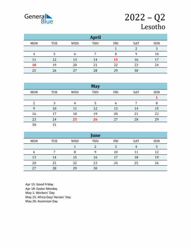 Three-Month Planner for Q2 2022 with Holidays - Lesotho