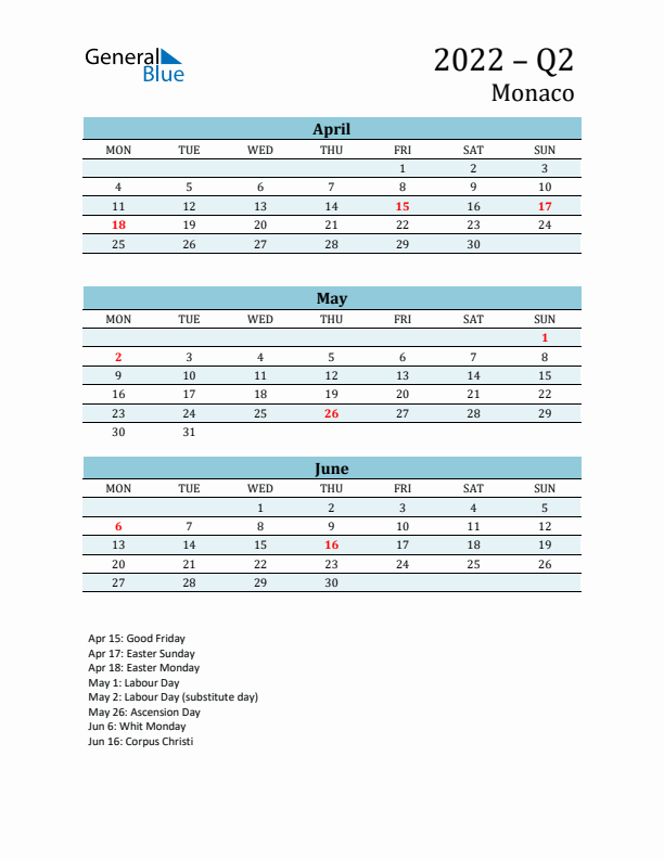 Three-Month Planner for Q2 2022 with Holidays - Monaco