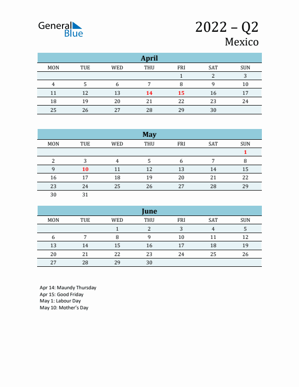 Three-Month Planner for Q2 2022 with Holidays - Mexico