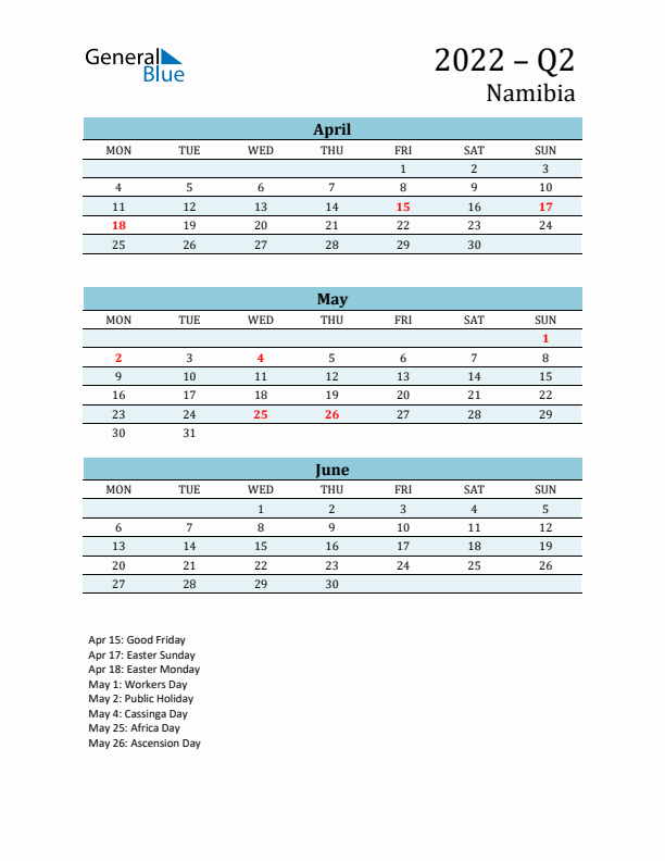 Three-Month Planner for Q2 2022 with Holidays - Namibia