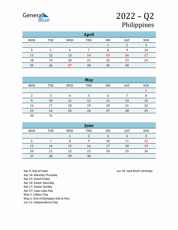 Three-Month Planner for Q2 2022 with Holidays - Philippines