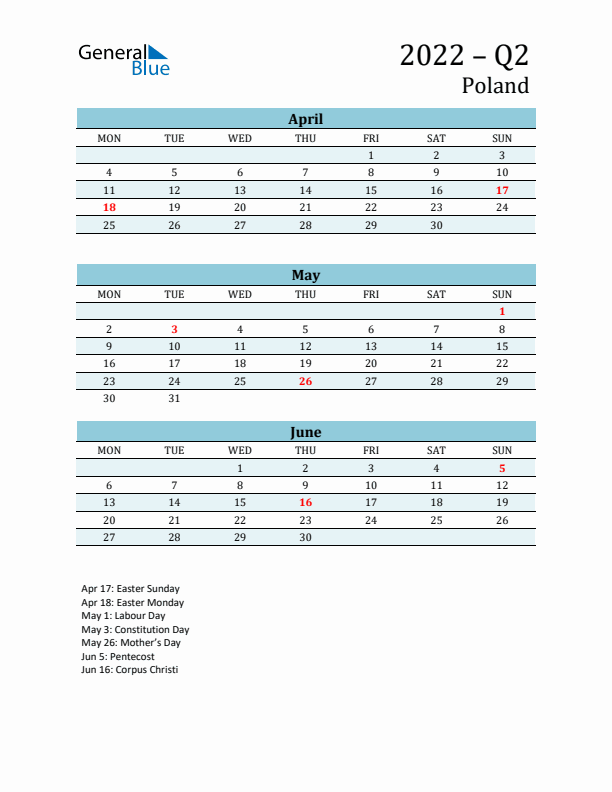 Three-Month Planner for Q2 2022 with Holidays - Poland