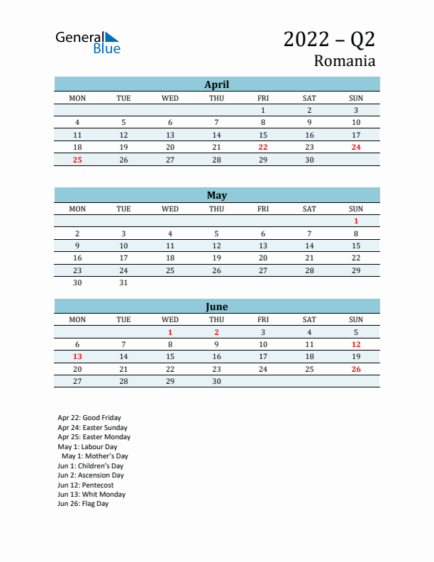 Three-Month Planner for Q2 2022 with Holidays - Romania