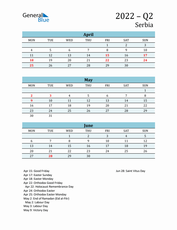 Three-Month Planner for Q2 2022 with Holidays - Serbia