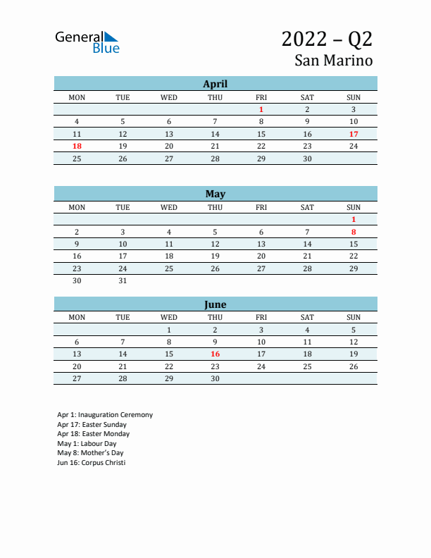 Three-Month Planner for Q2 2022 with Holidays - San Marino