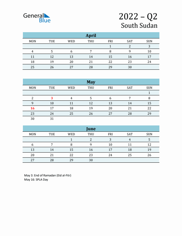 Three-Month Planner for Q2 2022 with Holidays - South Sudan