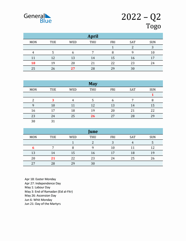 Three-Month Planner for Q2 2022 with Holidays - Togo