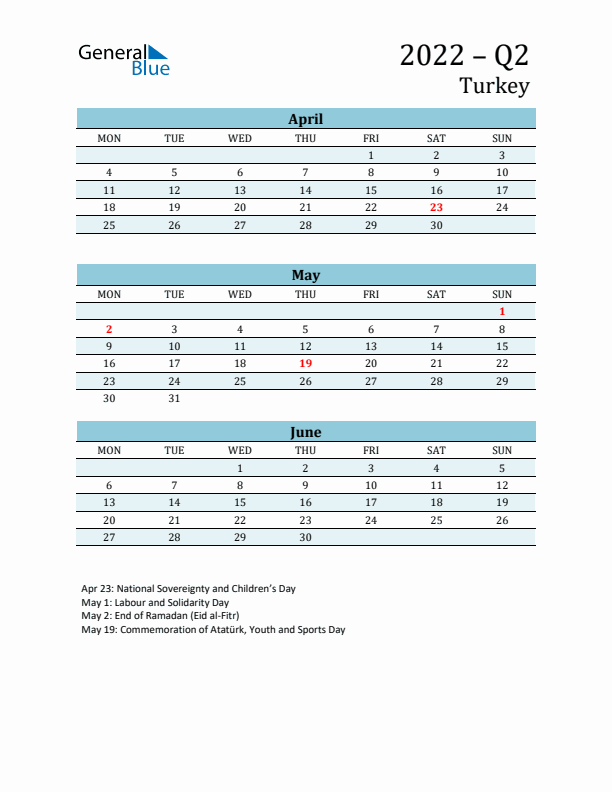 Three-Month Planner for Q2 2022 with Holidays - Turkey