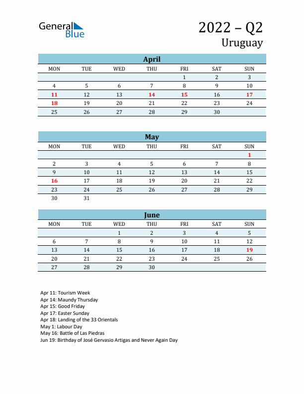 Three-Month Planner for Q2 2022 with Holidays - Uruguay