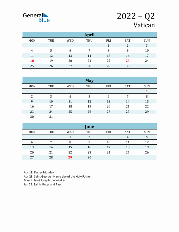 Three-Month Planner for Q2 2022 with Holidays - Vatican