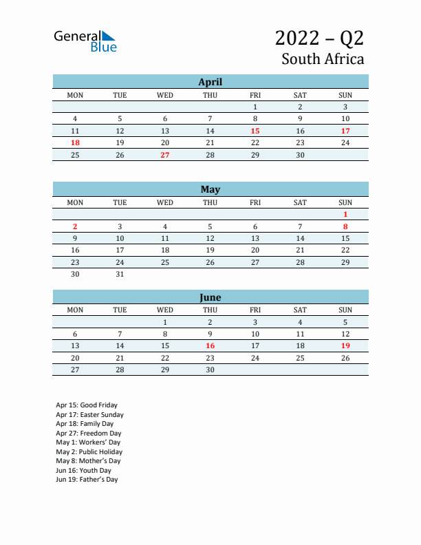 Three-Month Planner for Q2 2022 with Holidays - South Africa