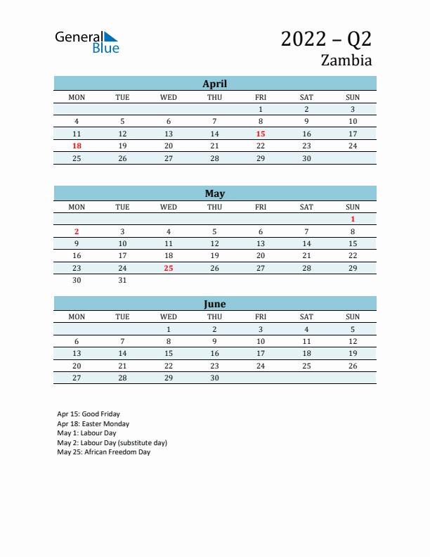 Three-Month Planner for Q2 2022 with Holidays - Zambia