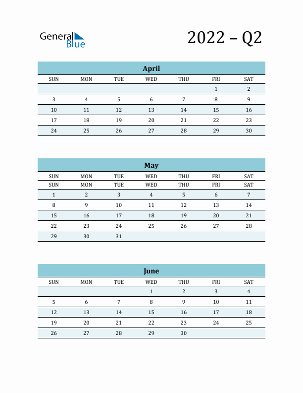 April, May, and June 2022 Calendar