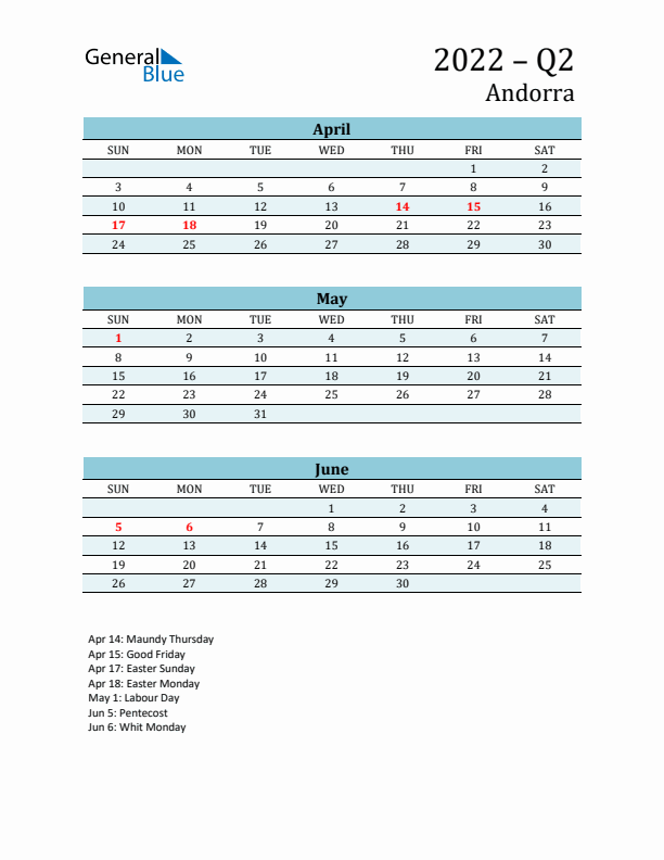 Three-Month Planner for Q2 2022 with Holidays - Andorra