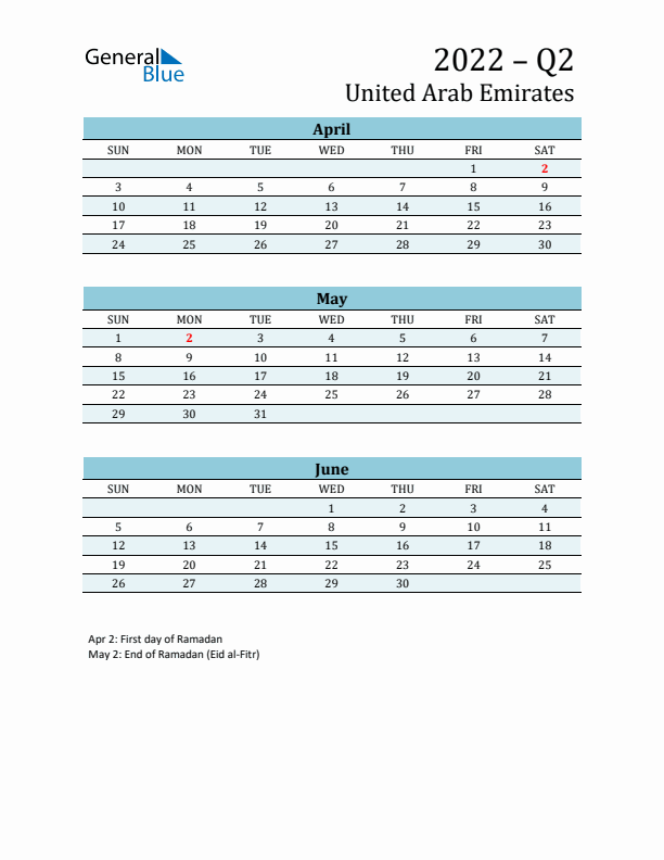 Three-Month Planner for Q2 2022 with Holidays - United Arab Emirates