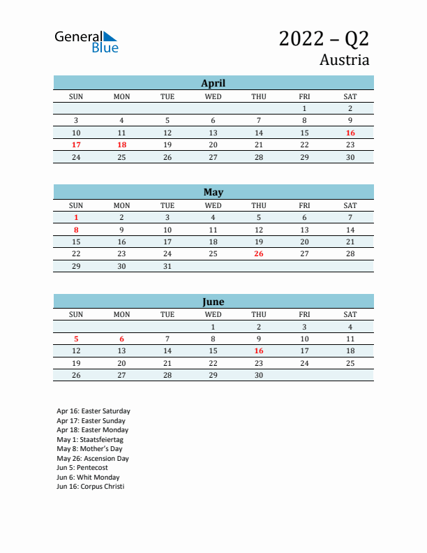 Three-Month Planner for Q2 2022 with Holidays - Austria