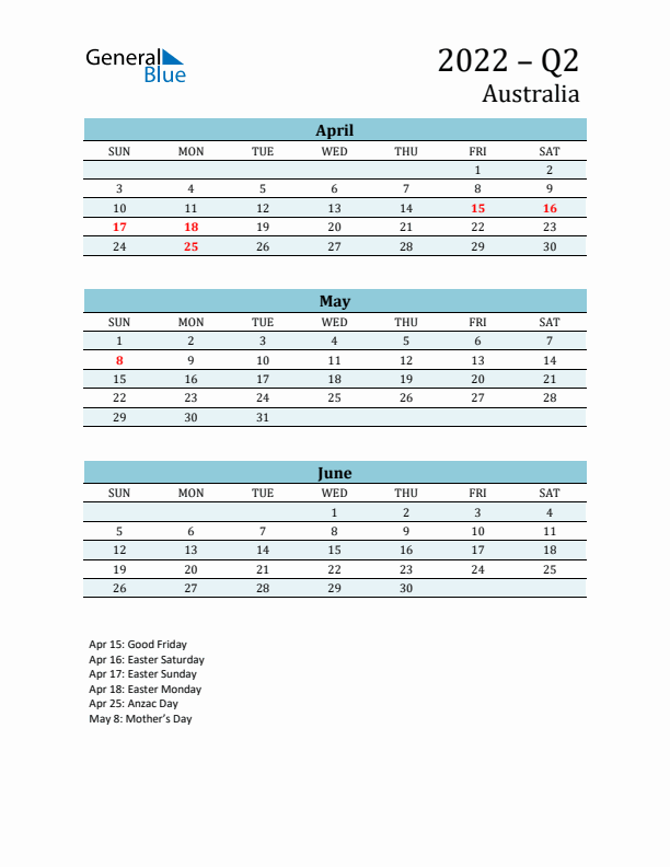 Three-Month Planner for Q2 2022 with Holidays - Australia