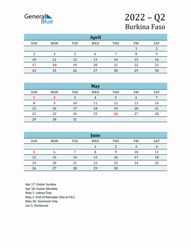 Three-Month Planner for Q2 2022 with Holidays - Burkina Faso