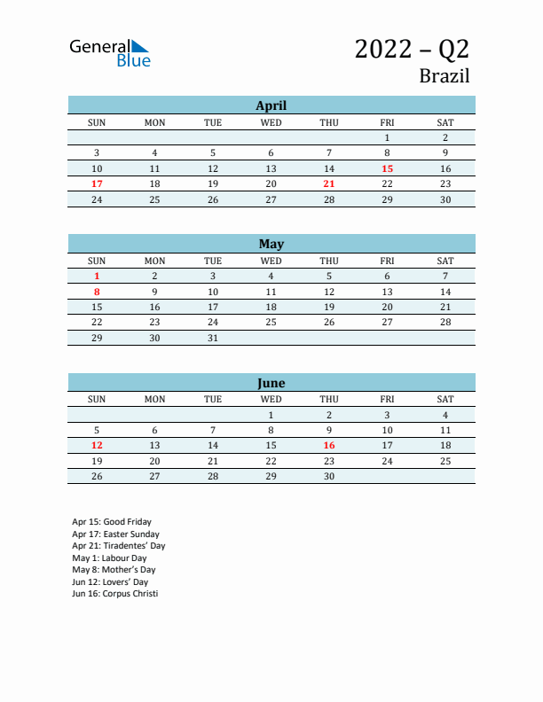 Three-Month Planner for Q2 2022 with Holidays - Brazil