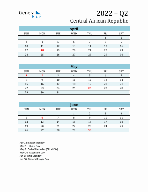 Three-Month Planner for Q2 2022 with Holidays - Central African Republic