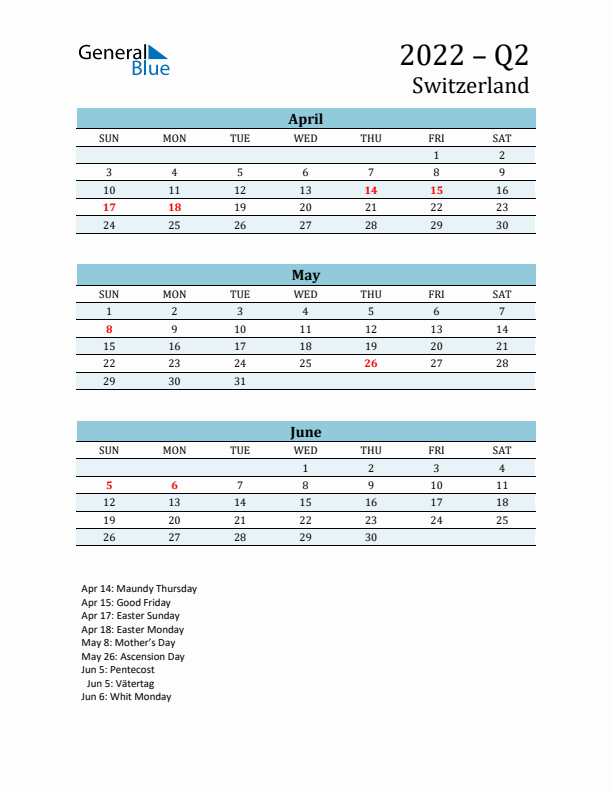 Three-Month Planner for Q2 2022 with Holidays - Switzerland