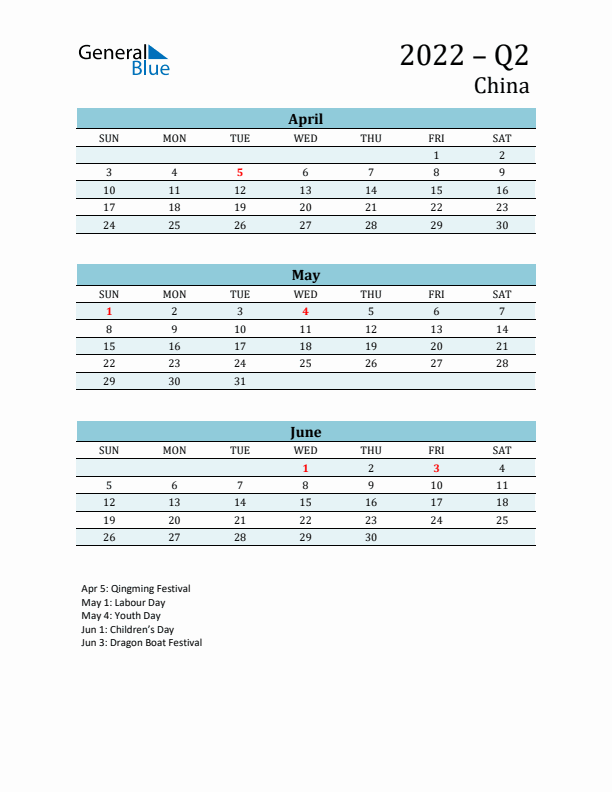 Three-Month Planner for Q2 2022 with Holidays - China