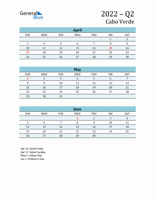 Three-Month Planner for Q2 2022 with Holidays - Cabo Verde