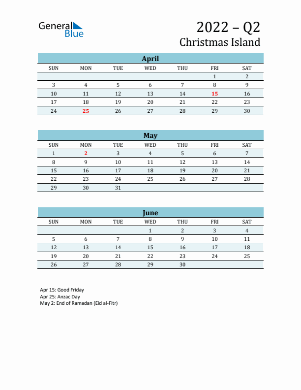 Three-Month Planner for Q2 2022 with Holidays - Christmas Island