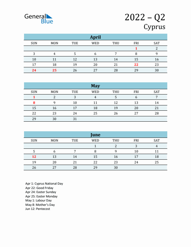 Three-Month Planner for Q2 2022 with Holidays - Cyprus