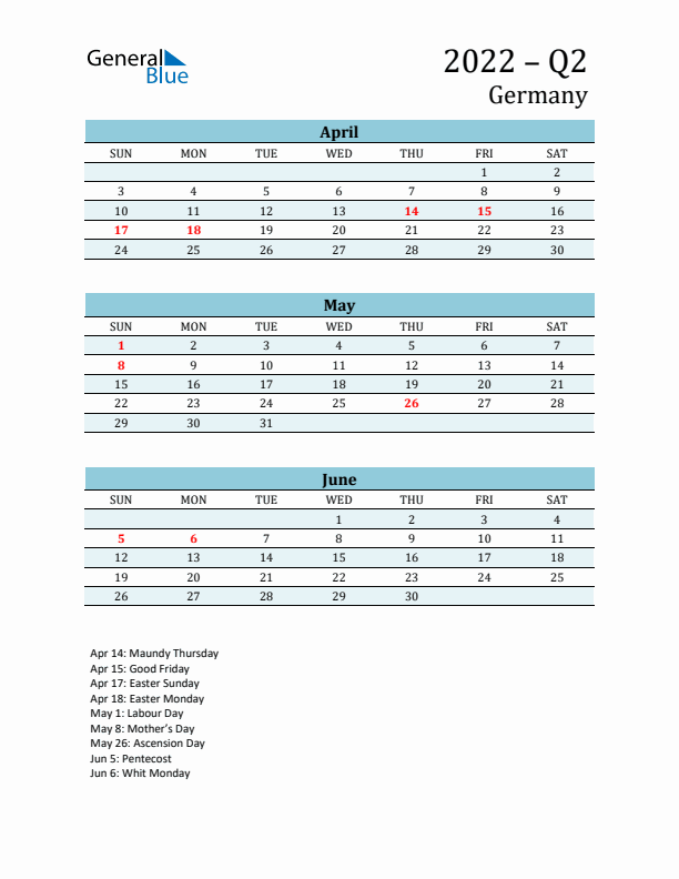 Three-Month Planner for Q2 2022 with Holidays - Germany