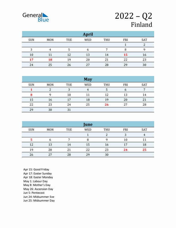 Three-Month Planner for Q2 2022 with Holidays - Finland