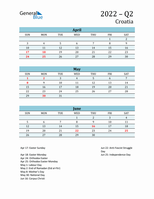 Three-Month Planner for Q2 2022 with Holidays - Croatia