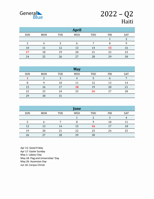 Three-Month Planner for Q2 2022 with Holidays - Haiti