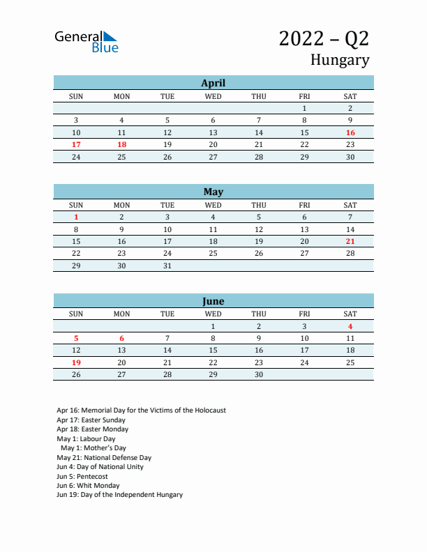 Three-Month Planner for Q2 2022 with Holidays - Hungary